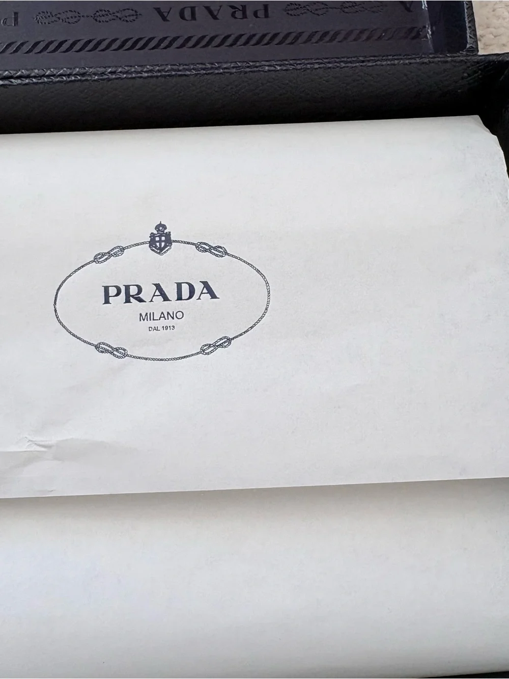 Prada Navy and silver Textured Saffiano Gift box and elastic